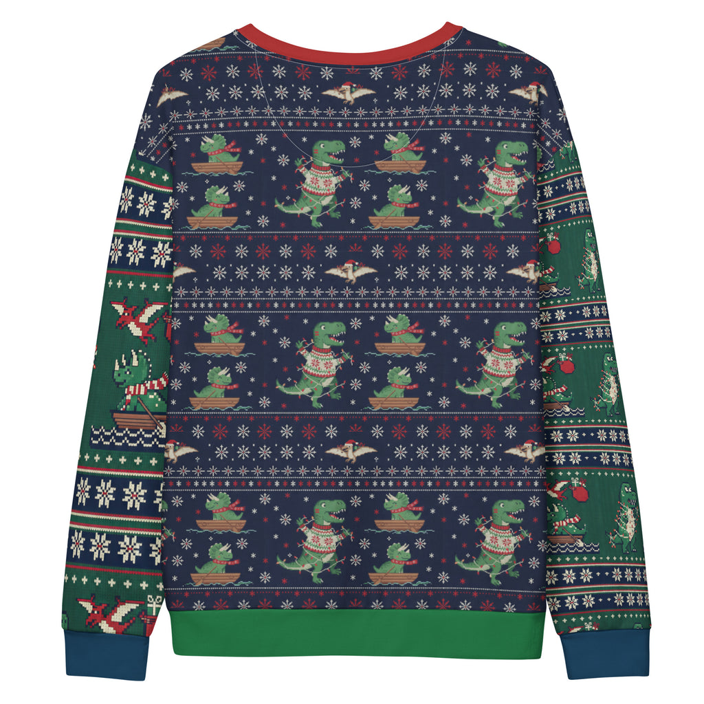 Back/detail view of T-Rex ROAR “Ugly Sweater” Look – Multi-Pattern All-Over Print Unisex graphic sweatshirt