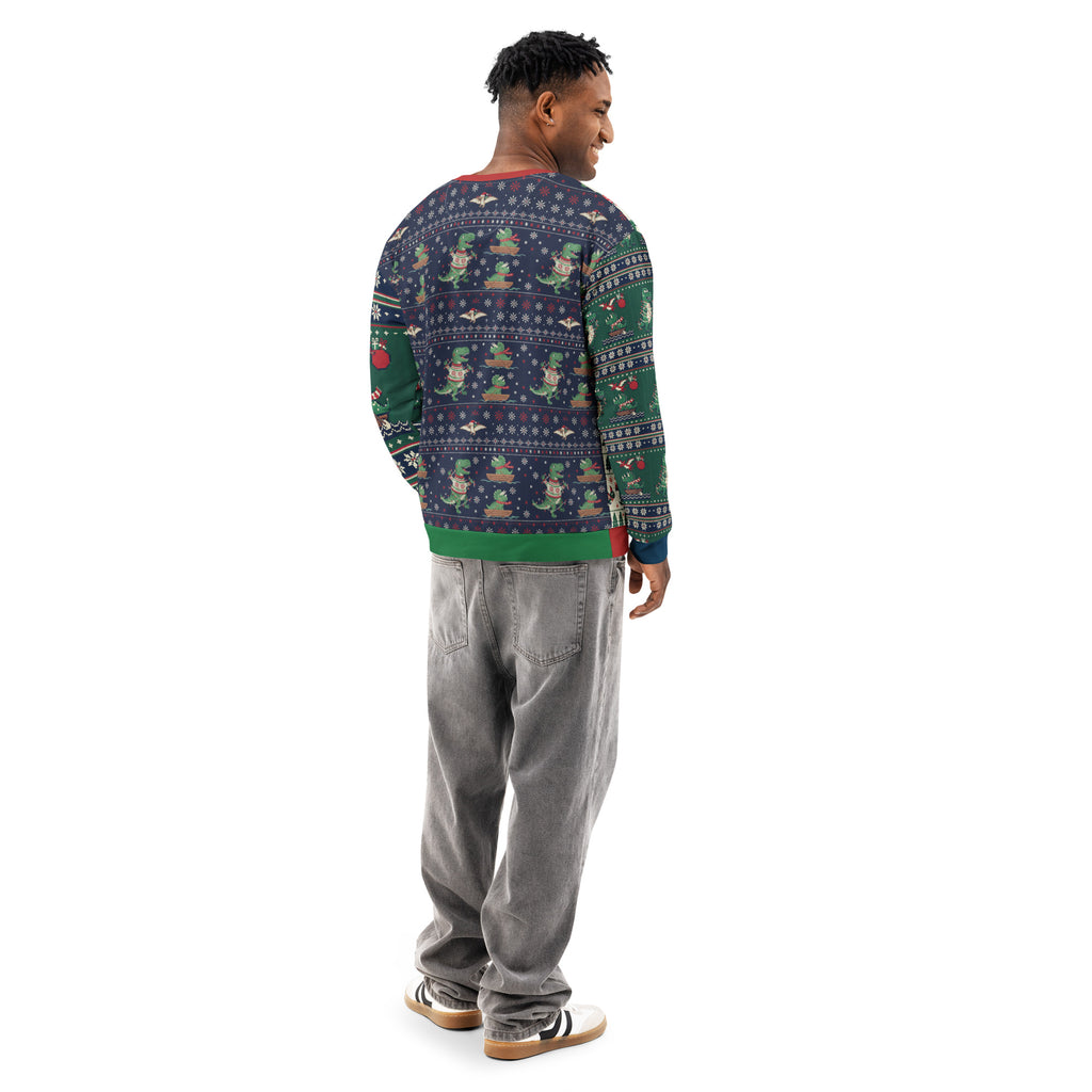 Back/detail view of T-Rex ROAR “Ugly Sweater” Look – Multi-Pattern All-Over Print Unisex graphic sweatshirt