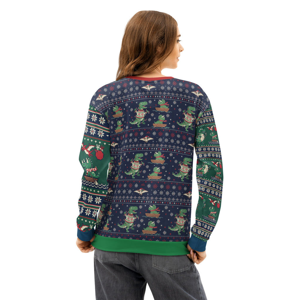 Back/detail view of T-Rex ROAR “Ugly Sweater” Look – Multi-Pattern All-Over Print Unisex graphic sweatshirt