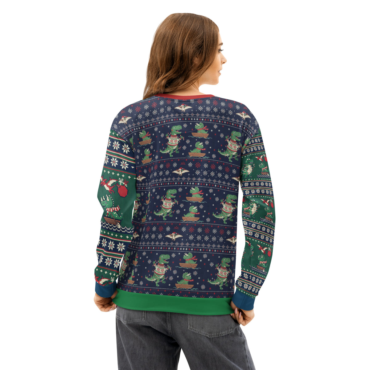 Back/detail view of T-Rex ROAR “Ugly Sweater” Look – Multi-Pattern All-Over Print Unisex graphic sweatshirt