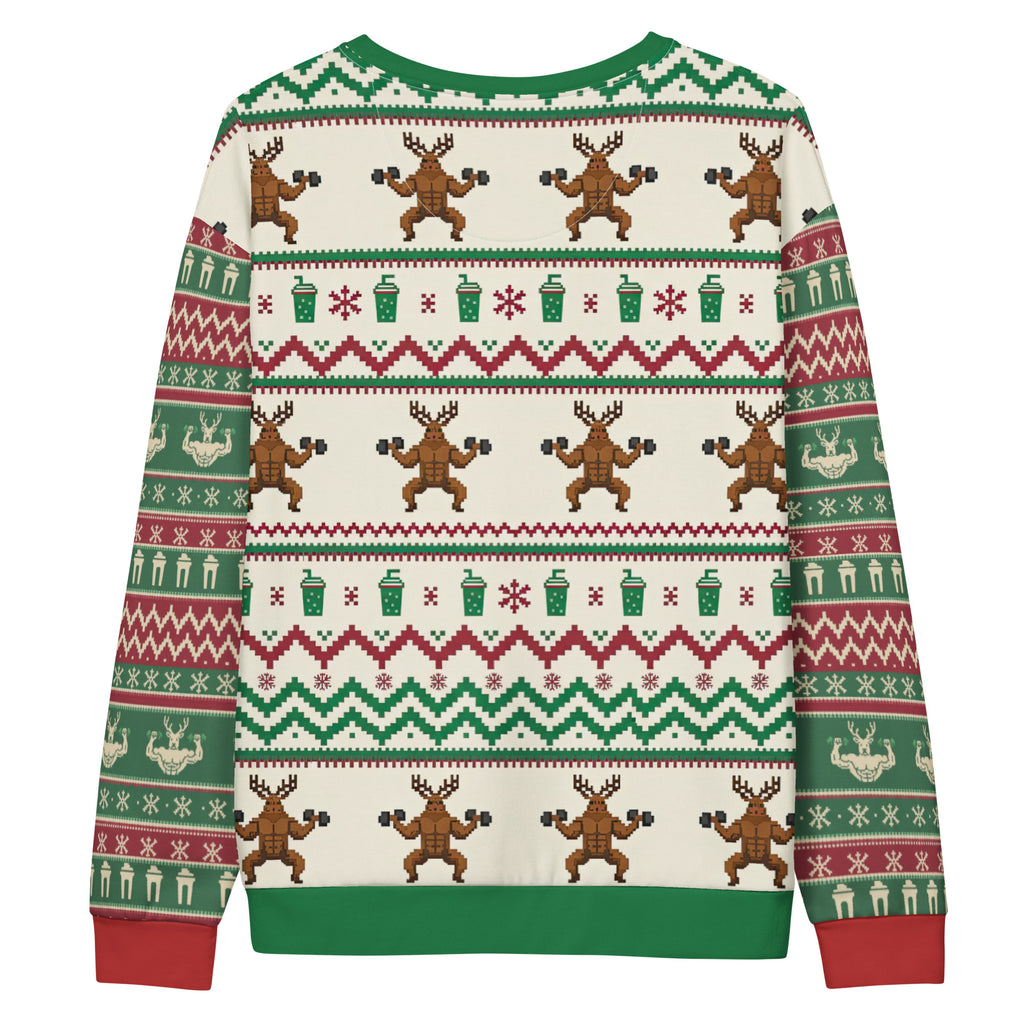 Back/detail view of Gym & Coffee, Baby – Multi-Pattern Deer “Ugly Sweater” Look All-Over graphic sweatshirt