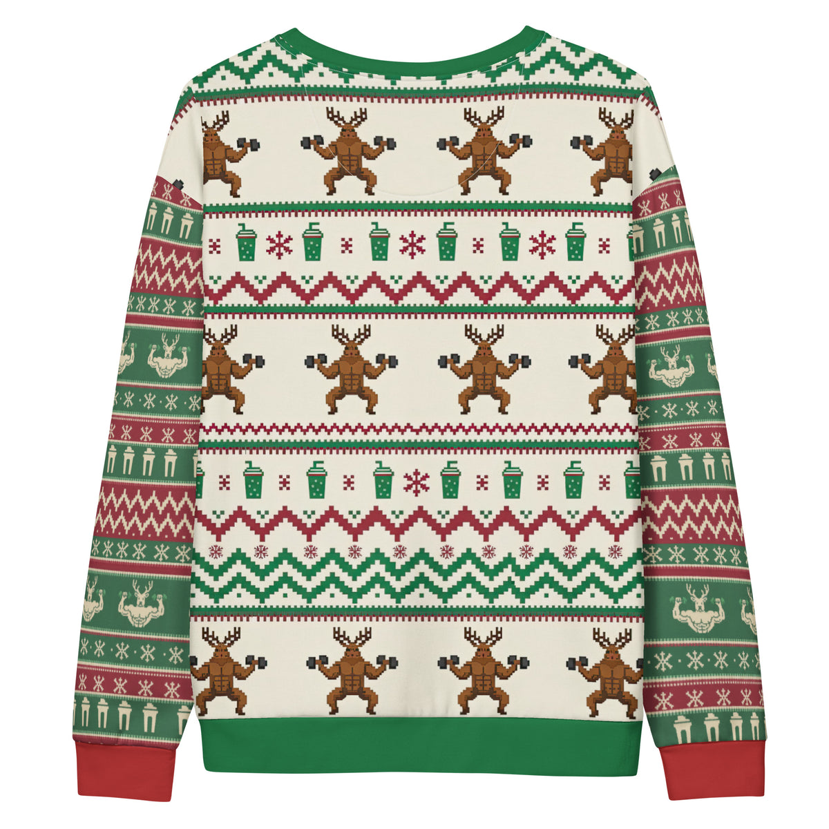 Back/detail view of Gym & Coffee, Baby – Multi-Pattern Deer “Ugly Sweater” Look All-Over graphic sweatshirt