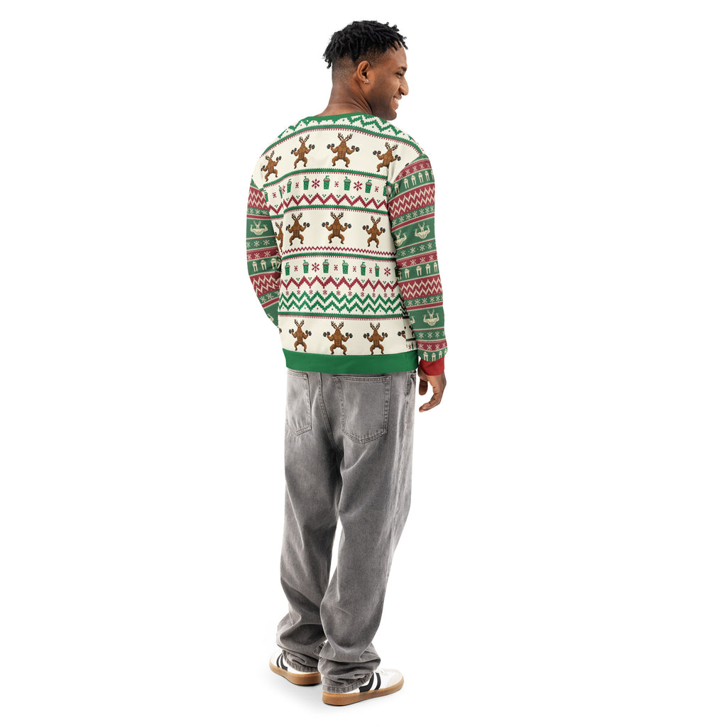 Back/detail view of Gym & Coffee, Baby – Multi-Pattern Deer “Ugly Sweater” Look All-Over graphic sweatshirt