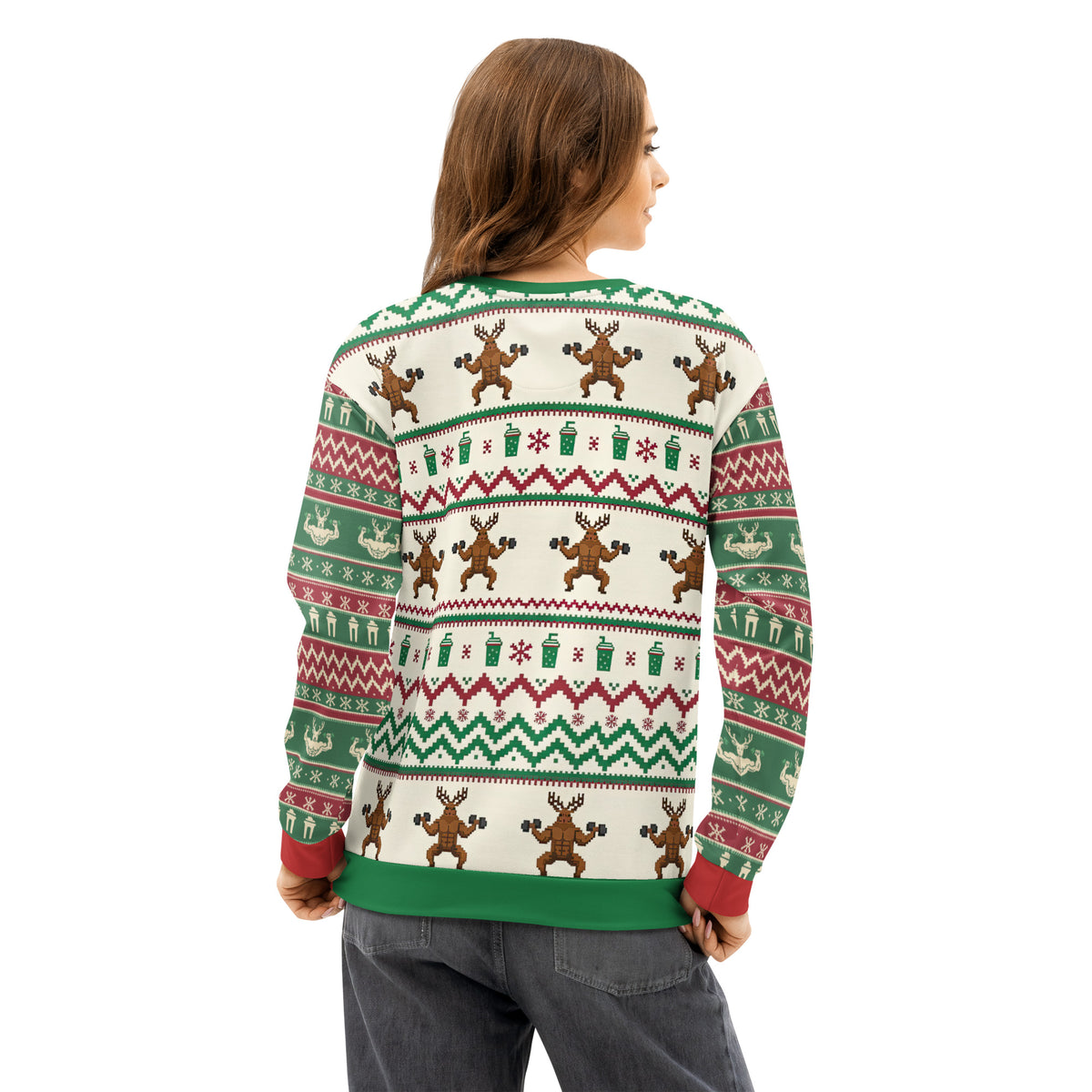 Back/detail view of Gym & Coffee, Baby – Multi-Pattern Deer “Ugly Sweater” Look All-Over graphic sweatshirt