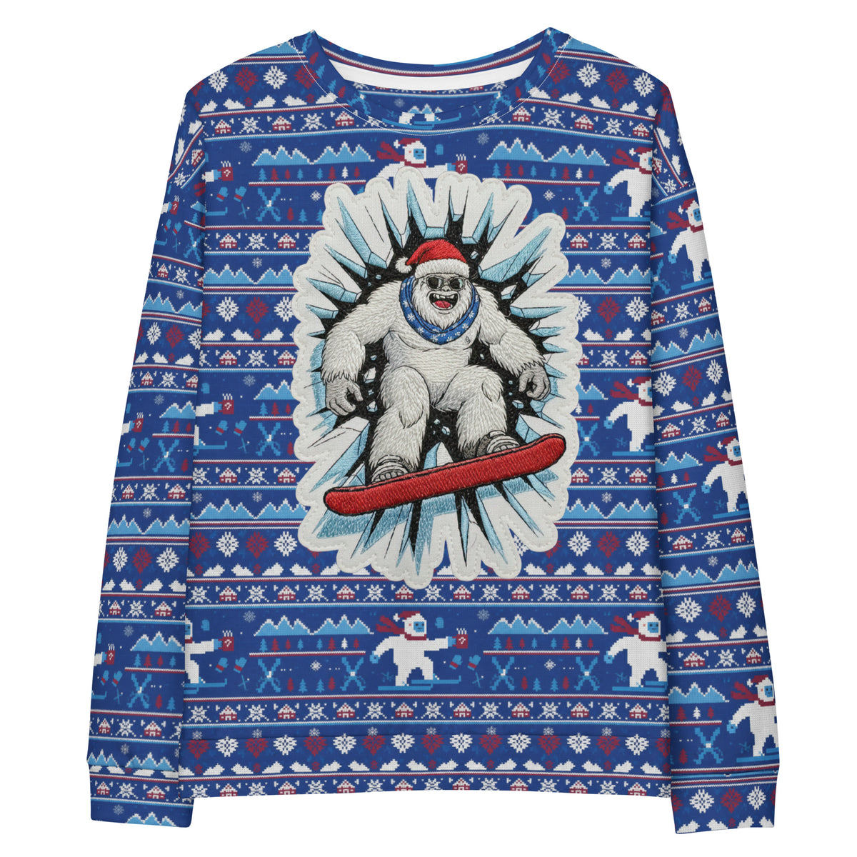 Front/product view of Snowboard Yeti “Ugly Sweater” Look – All-Over Print Unisex Cotton graphic sweatshirt