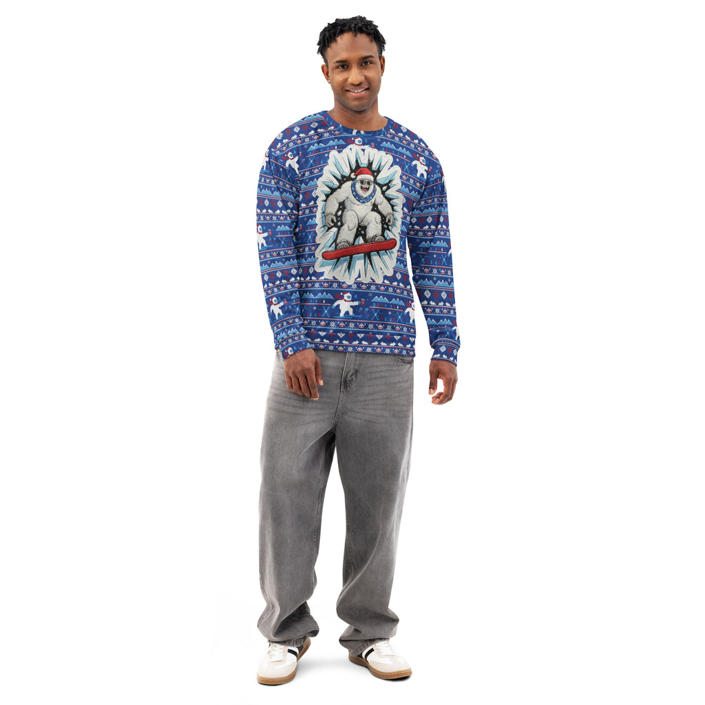 Back/detail view of Snowboard Yeti “Ugly Sweater” Look – All-Over Print Unisex Cotton graphic sweatshirt
