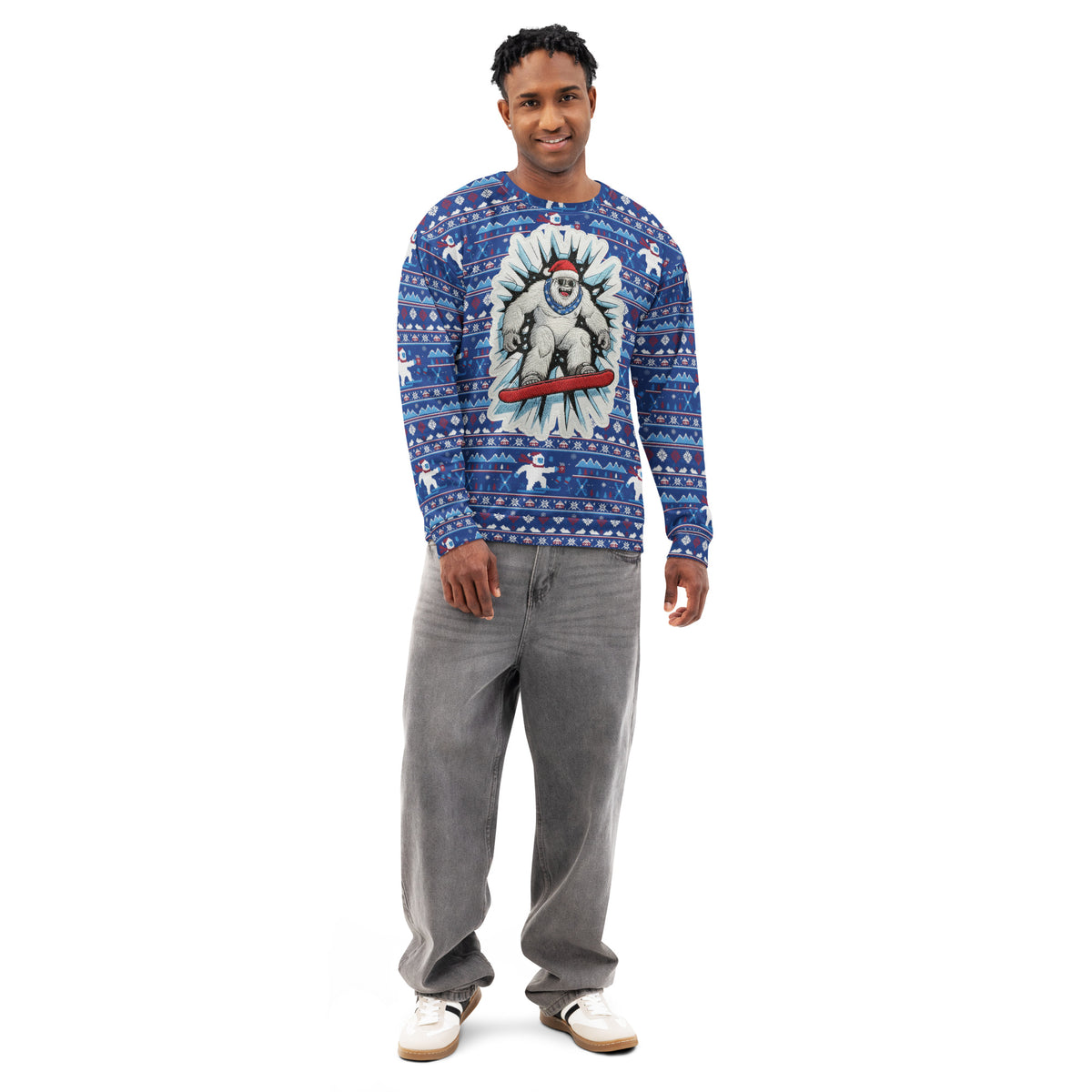 Back/detail view of Snowboard Yeti “Ugly Sweater” Look – All-Over Print Unisex Cotton graphic sweatshirt