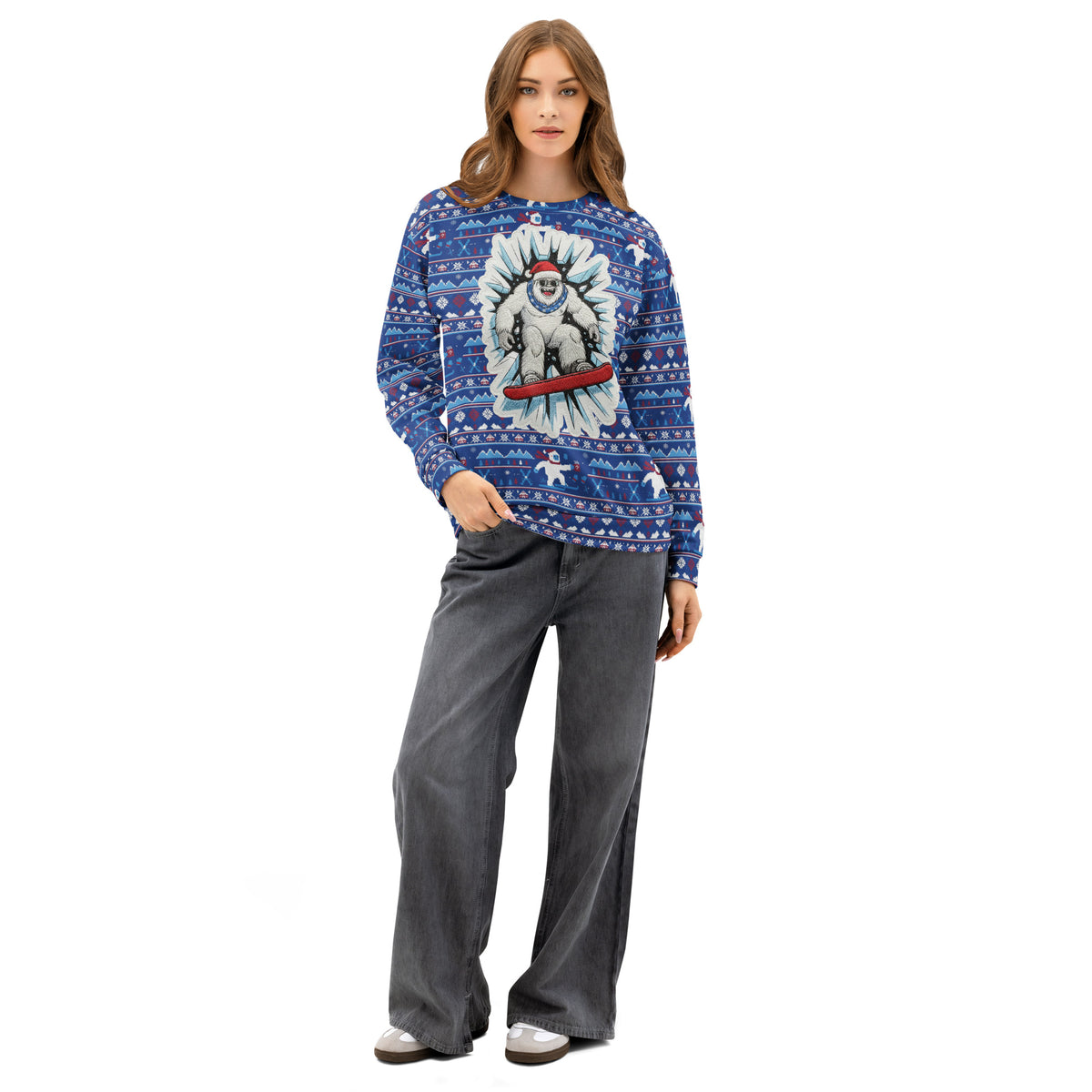 Back/detail view of Snowboard Yeti “Ugly Sweater” Look – All-Over Print Unisex Cotton graphic sweatshirt