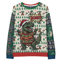 Front/product view of T-Rex ROAR “Ugly Sweater” Look – Multi-Pattern All-Over Print Unisex graphic sweatshirt