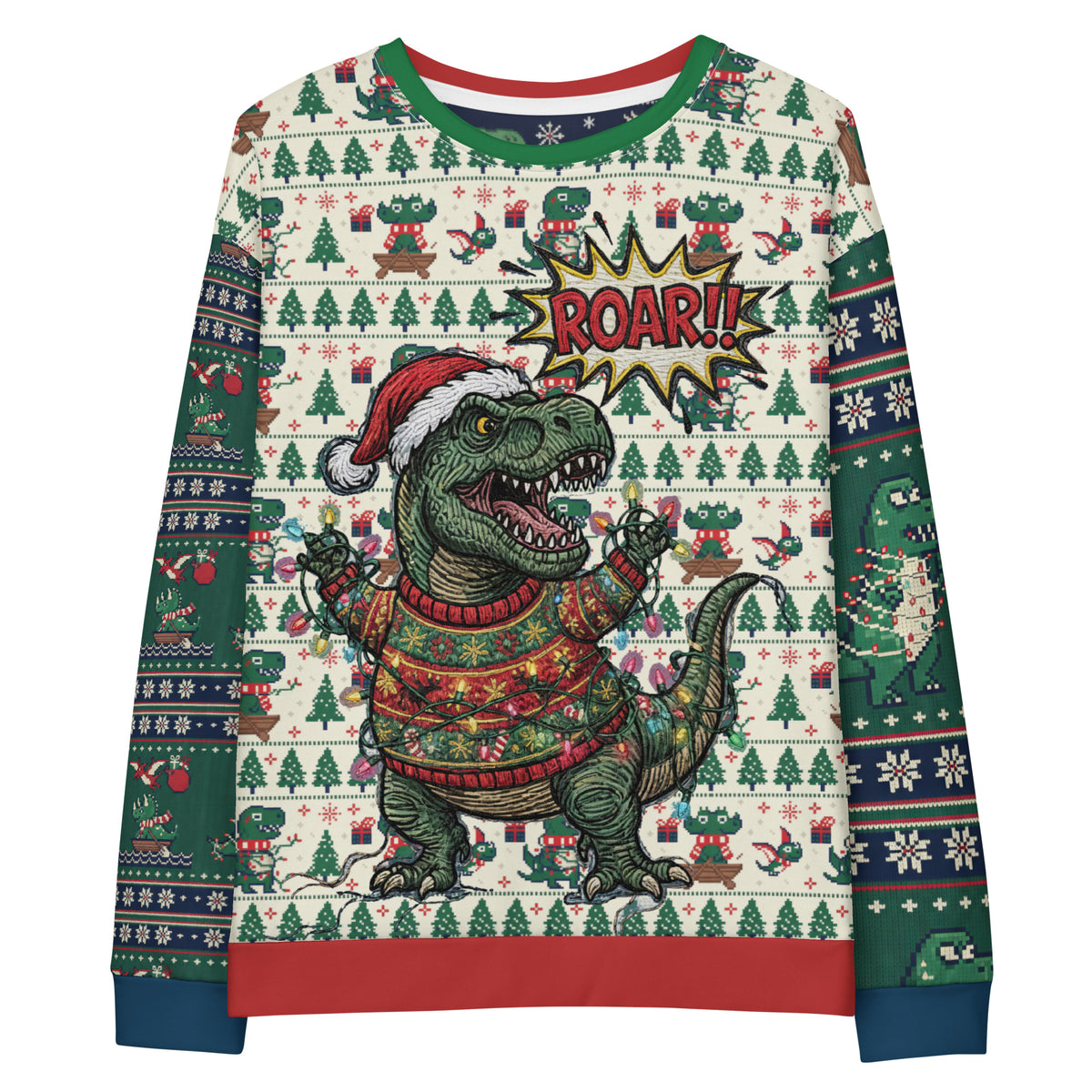 Front/product view of T-Rex ROAR “Ugly Sweater” Look – Multi-Pattern All-Over Print Unisex graphic sweatshirt