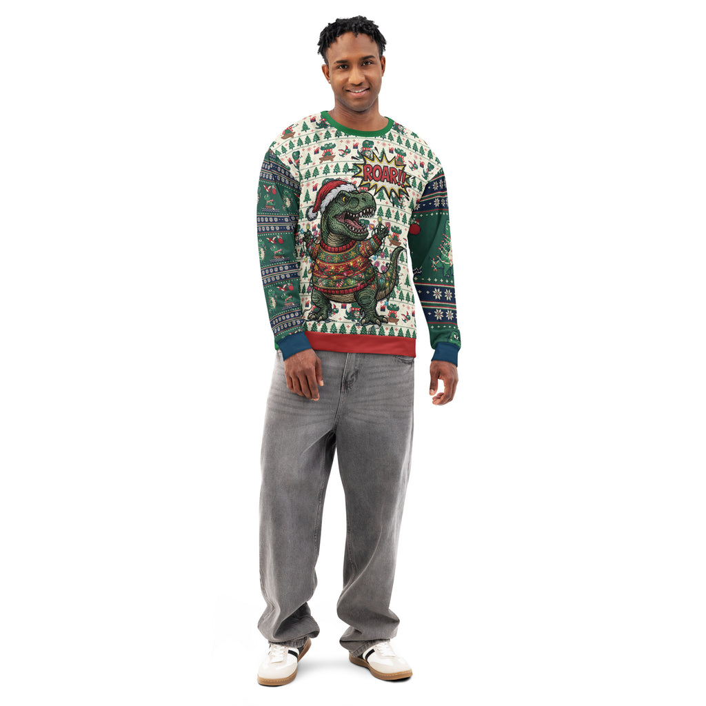 Back/detail view of T-Rex ROAR “Ugly Sweater” Look – Multi-Pattern All-Over Print Unisex graphic sweatshirt