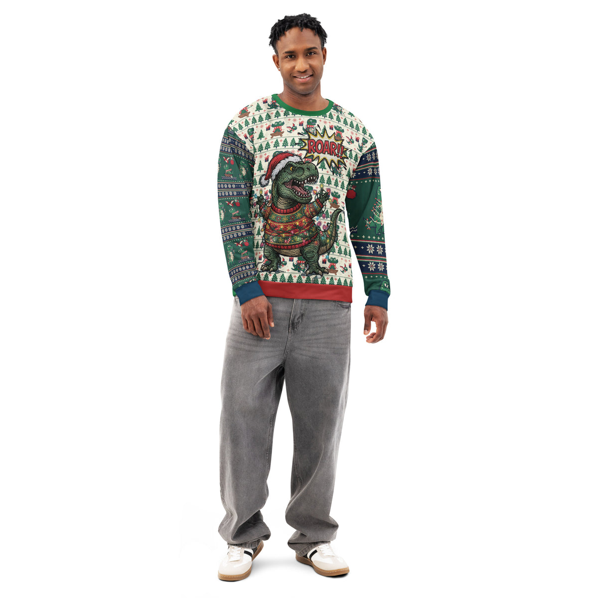 Back/detail view of T-Rex ROAR “Ugly Sweater” Look – Multi-Pattern All-Over Print Unisex graphic sweatshirt