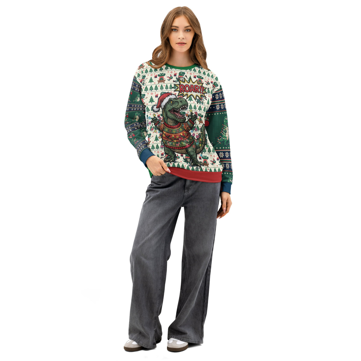Back/detail view of T-Rex ROAR “Ugly Sweater” Look – Multi-Pattern All-Over Print Unisex graphic sweatshirt