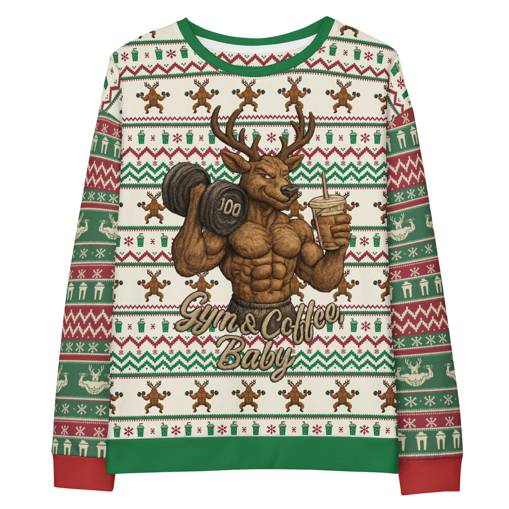Front/product view of Gym & Coffee, Baby – Multi-Pattern Deer “Ugly Sweater” Look All-Over graphic sweatshirt