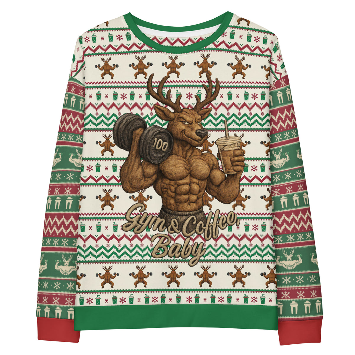 Front/product view of Gym & Coffee, Baby – Multi-Pattern Deer “Ugly Sweater” Look All-Over graphic sweatshirt
