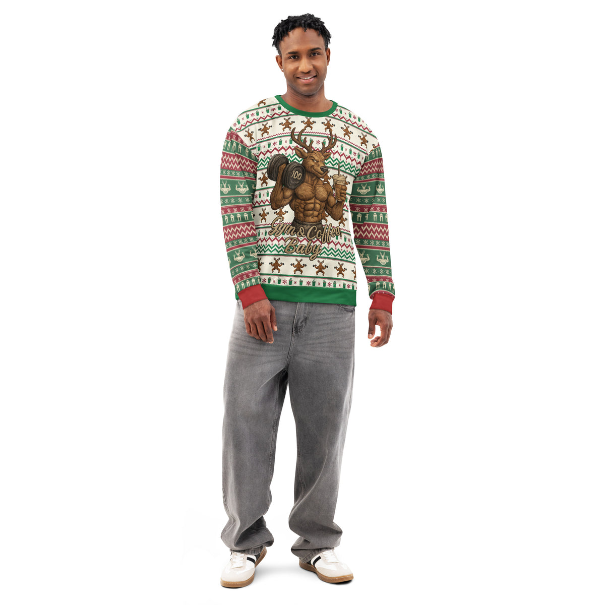 Back/detail view of Gym & Coffee, Baby – Multi-Pattern Deer “Ugly Sweater” Look All-Over graphic sweatshirt