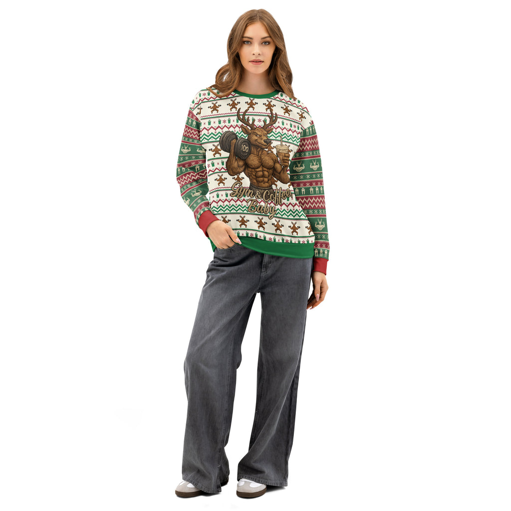 Back/detail view of Gym & Coffee, Baby – Multi-Pattern Deer “Ugly Sweater” Look All-Over graphic sweatshirt