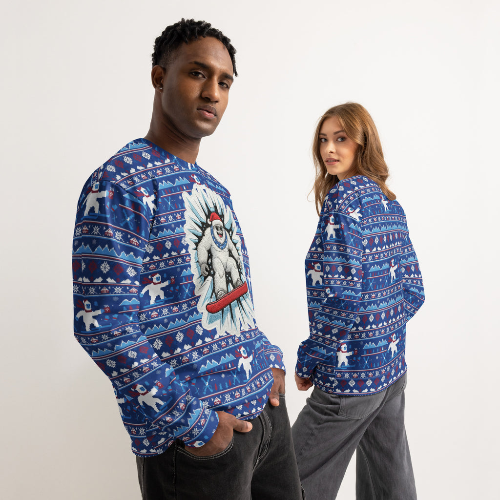Back/detail view of Snowboard Yeti “Ugly Sweater” Look – All-Over Print Unisex Cotton graphic sweatshirt