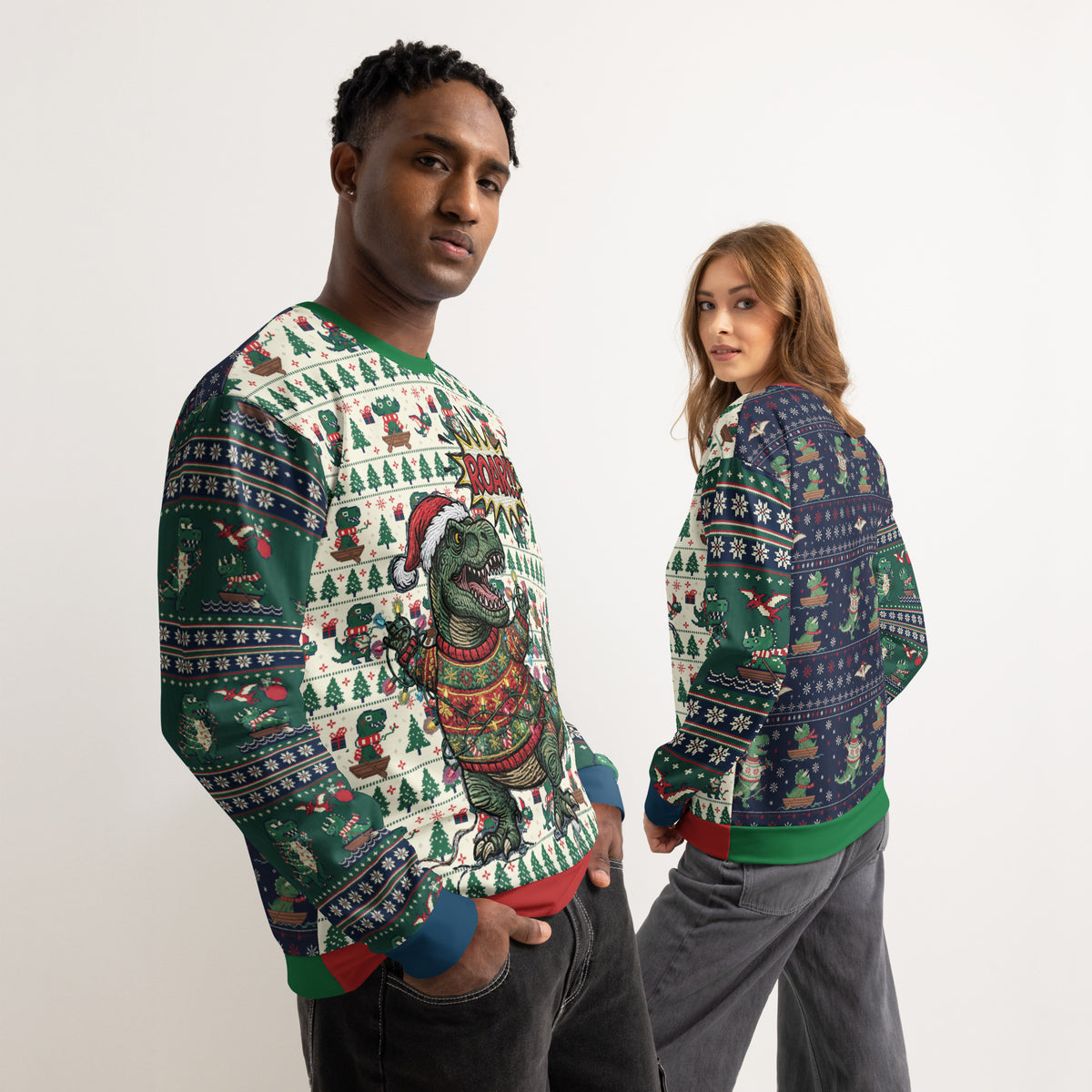 Back/detail view of T-Rex ROAR “Ugly Sweater” Look – Multi-Pattern All-Over Print Unisex graphic sweatshirt