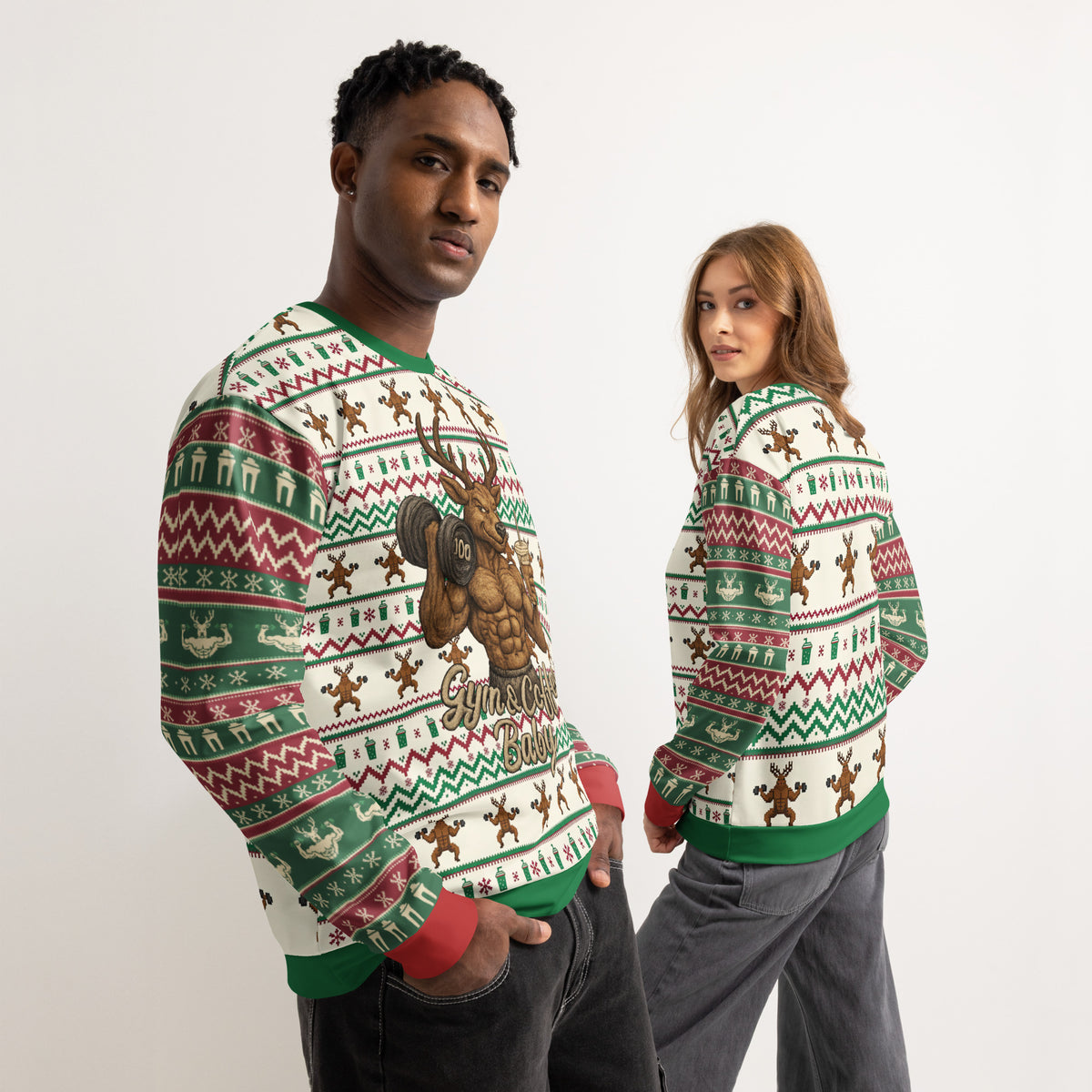 Back/detail view of Gym & Coffee, Baby – Multi-Pattern Deer “Ugly Sweater” Look All-Over graphic sweatshirt