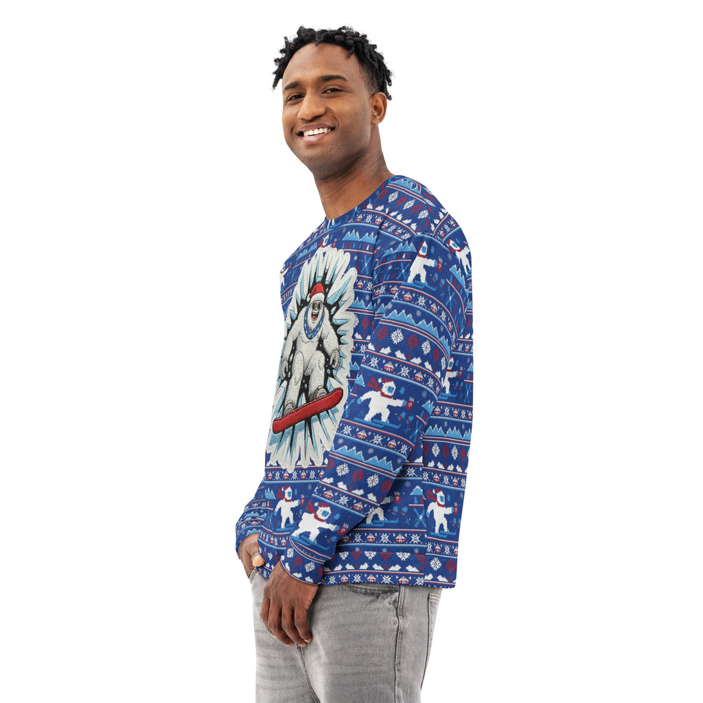 Back/detail view of Snowboard Yeti “Ugly Sweater” Look – All-Over Print Unisex Cotton graphic sweatshirt