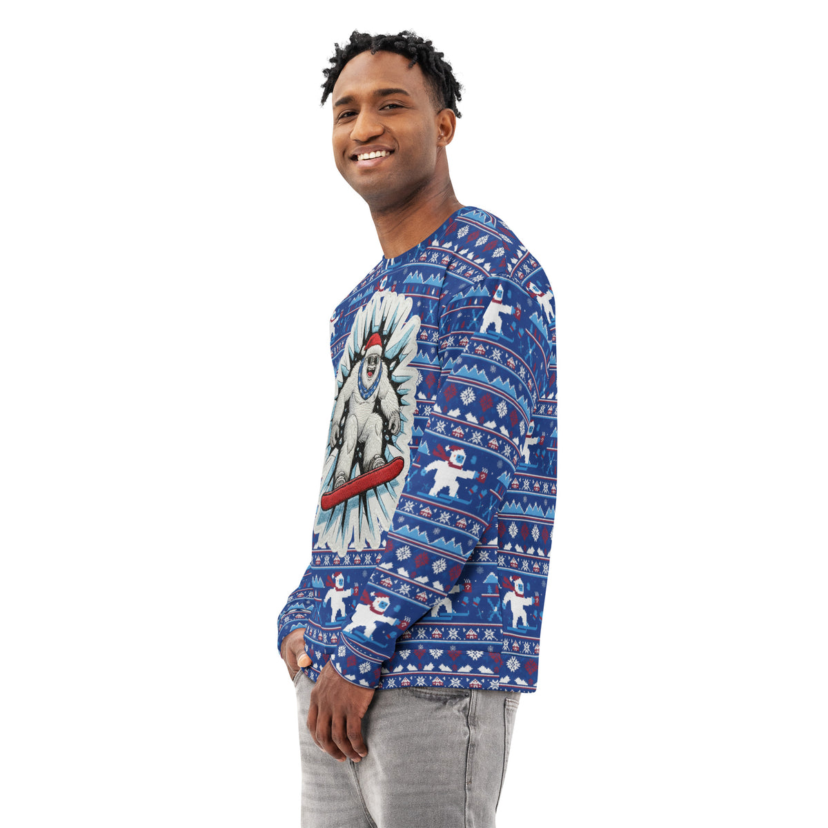 Back/detail view of Snowboard Yeti “Ugly Sweater” Look – All-Over Print Unisex Cotton graphic sweatshirt