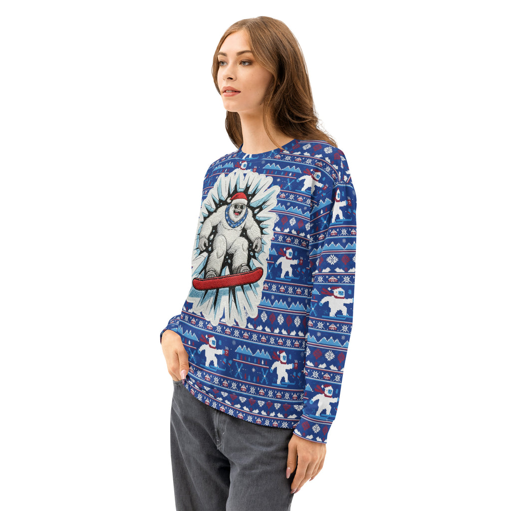 Back/detail view of Snowboard Yeti “Ugly Sweater” Look – All-Over Print Unisex Cotton graphic sweatshirt