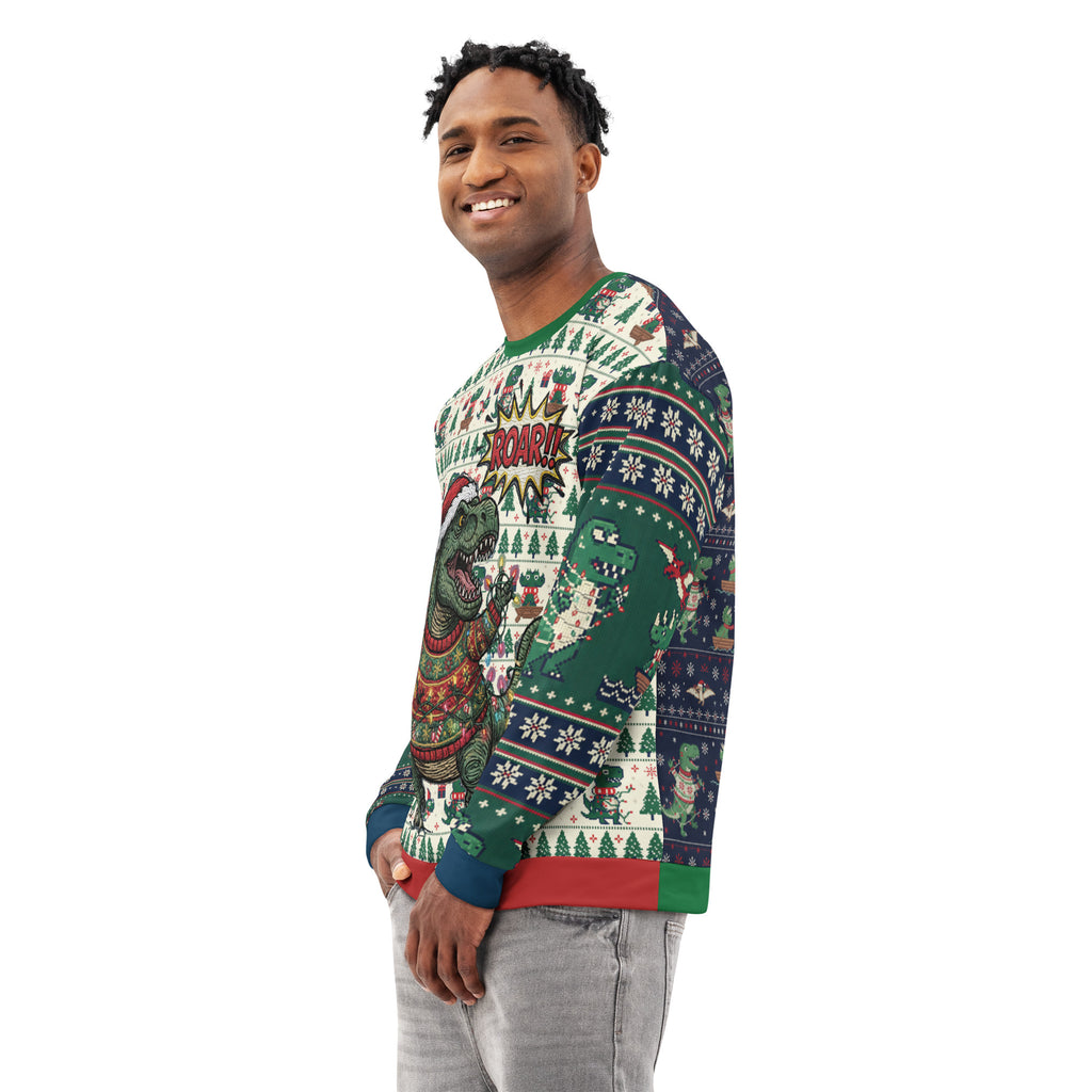 Back/detail view of T-Rex ROAR “Ugly Sweater” Look – Multi-Pattern All-Over Print Unisex graphic sweatshirt
