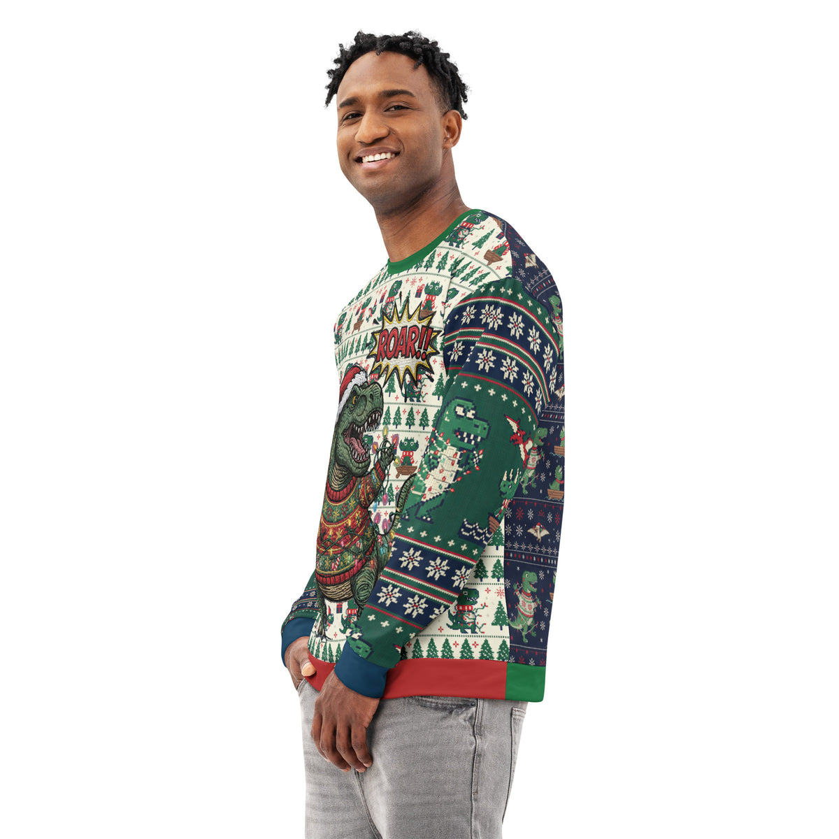 Back/detail view of T-Rex ROAR “Ugly Sweater” Look – Multi-Pattern All-Over Print Unisex graphic sweatshirt
