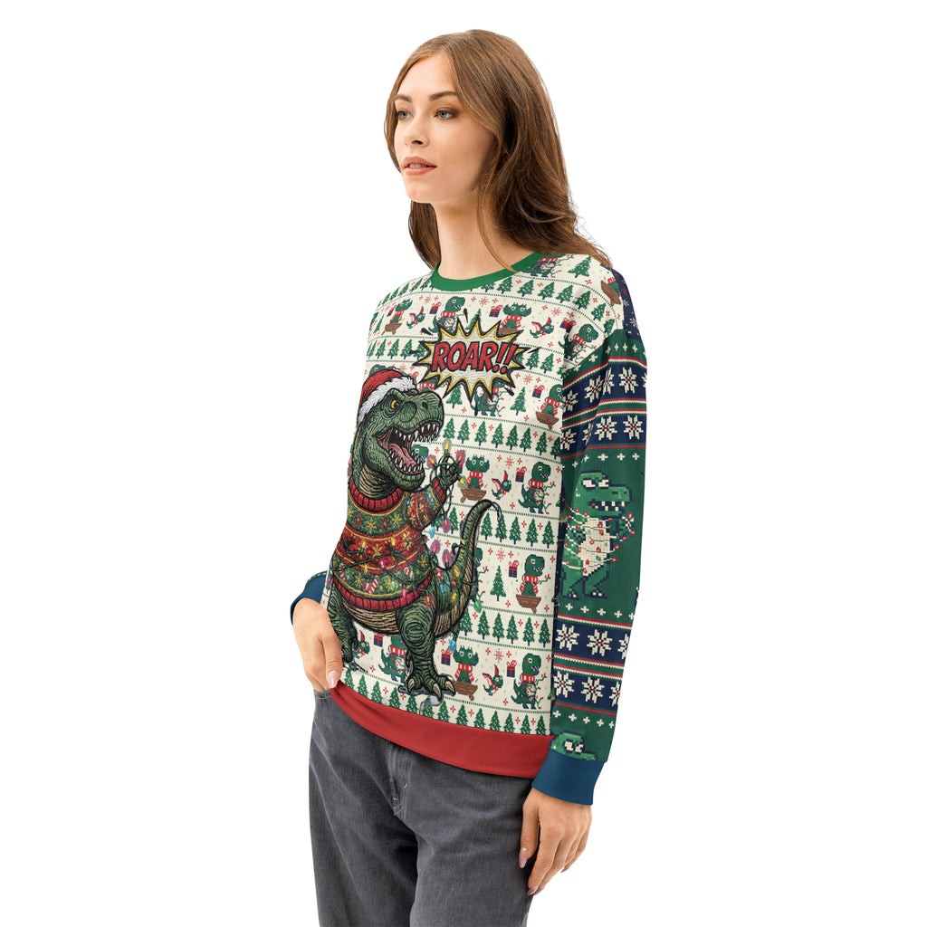 Back/detail view of T-Rex ROAR “Ugly Sweater” Look – Multi-Pattern All-Over Print Unisex graphic sweatshirt