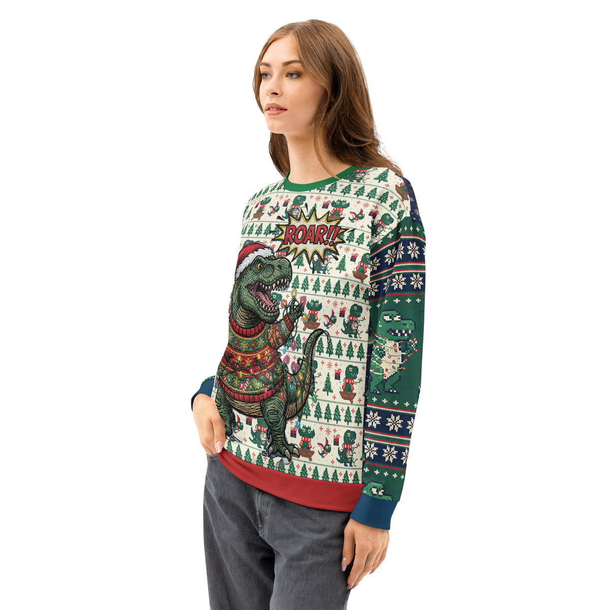 Back/detail view of T-Rex ROAR “Ugly Sweater” Look – Multi-Pattern All-Over Print Unisex graphic sweatshirt