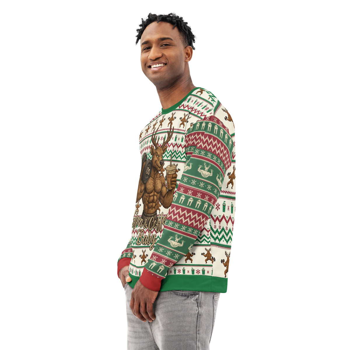 Back/detail view of Gym & Coffee, Baby – Multi-Pattern Deer “Ugly Sweater” Look All-Over graphic sweatshirt
