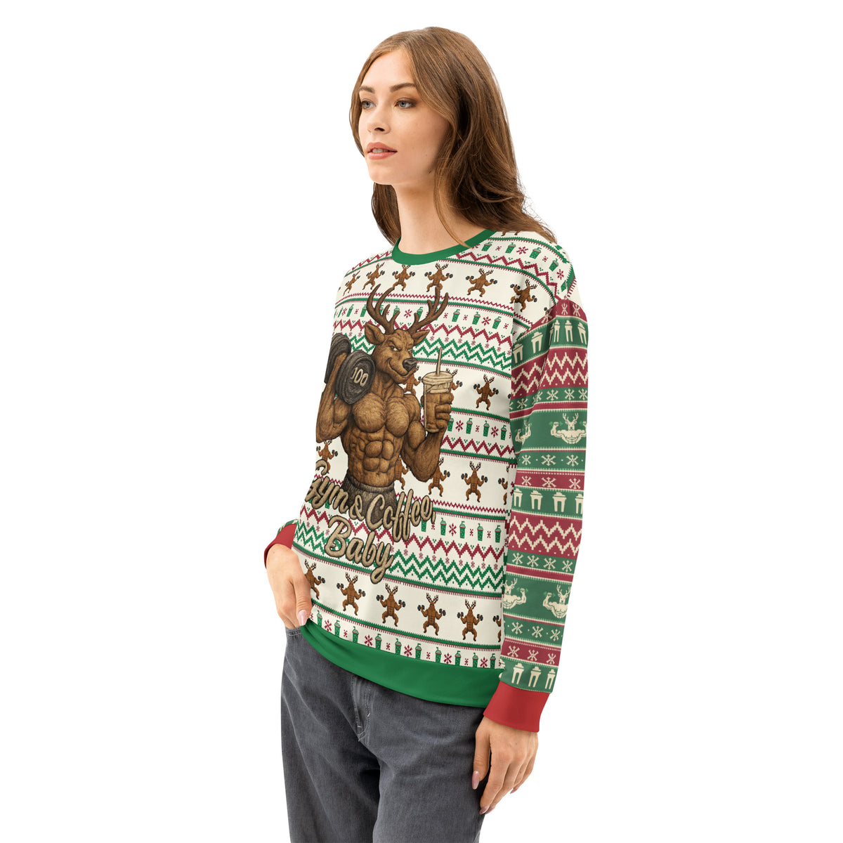 Back/detail view of Gym & Coffee, Baby – Multi-Pattern Deer “Ugly Sweater” Look All-Over graphic sweatshirt