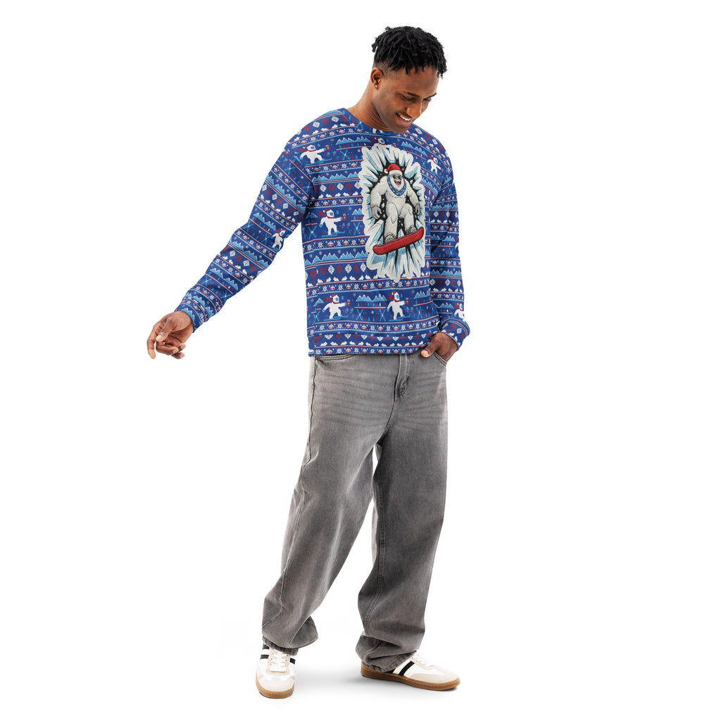 Back/detail view of Snowboard Yeti “Ugly Sweater” Look – All-Over Print Unisex Cotton graphic sweatshirt