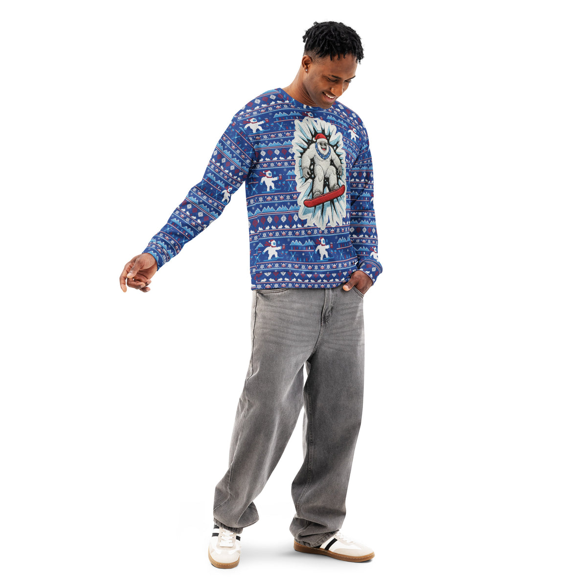 Back/detail view of Snowboard Yeti “Ugly Sweater” Look – All-Over Print Unisex Cotton graphic sweatshirt