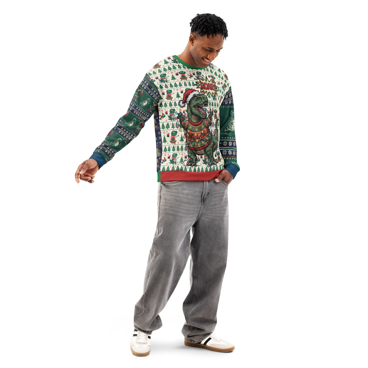 Back/detail view of T-Rex ROAR “Ugly Sweater” Look – Multi-Pattern All-Over Print Unisex graphic sweatshirt