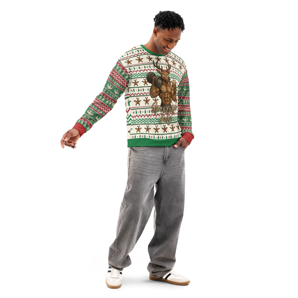 Back/detail view of Gym & Coffee, Baby – Multi-Pattern Deer “Ugly Sweater” Look All-Over graphic sweatshirt