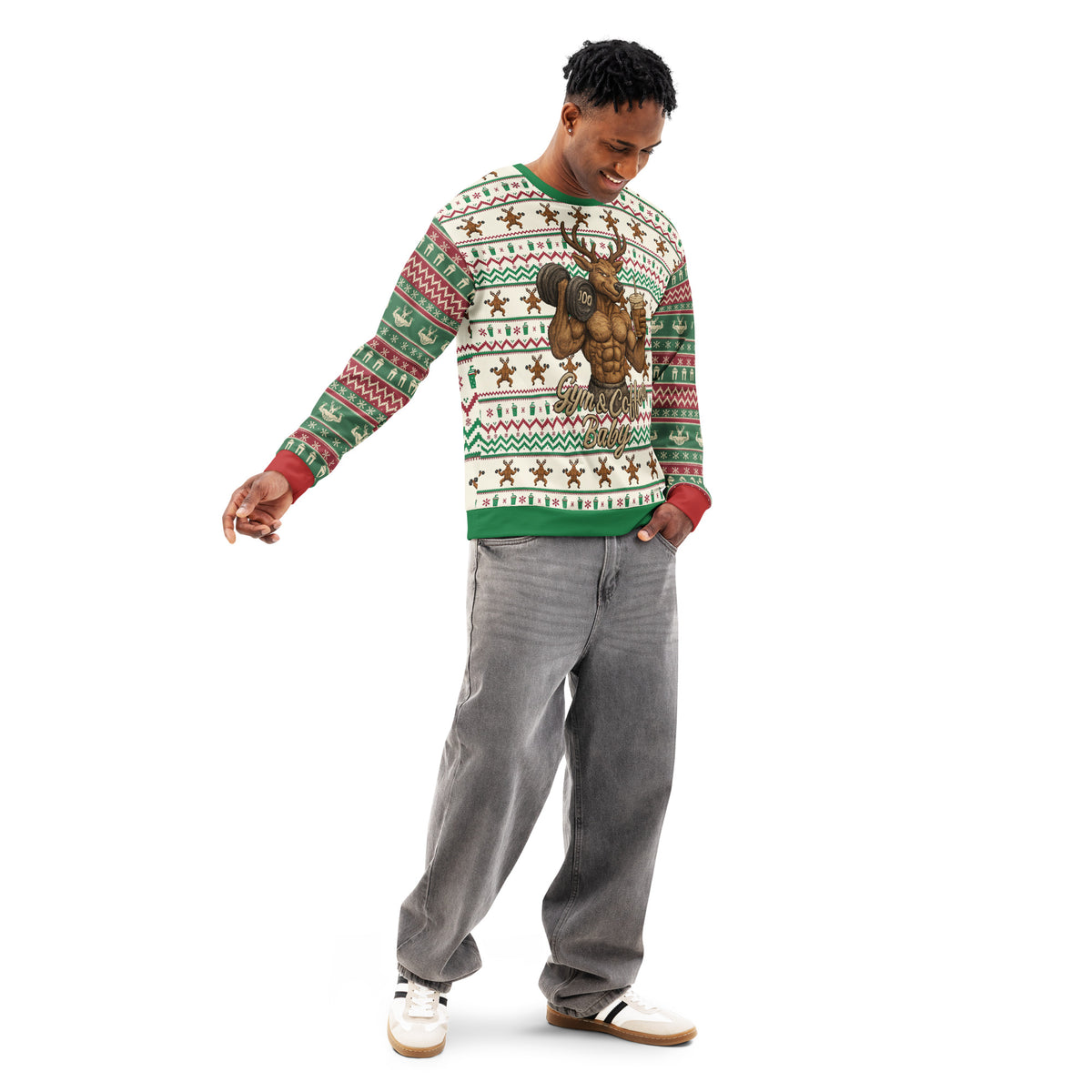 Back/detail view of Gym & Coffee, Baby – Multi-Pattern Deer “Ugly Sweater” Look All-Over graphic sweatshirt