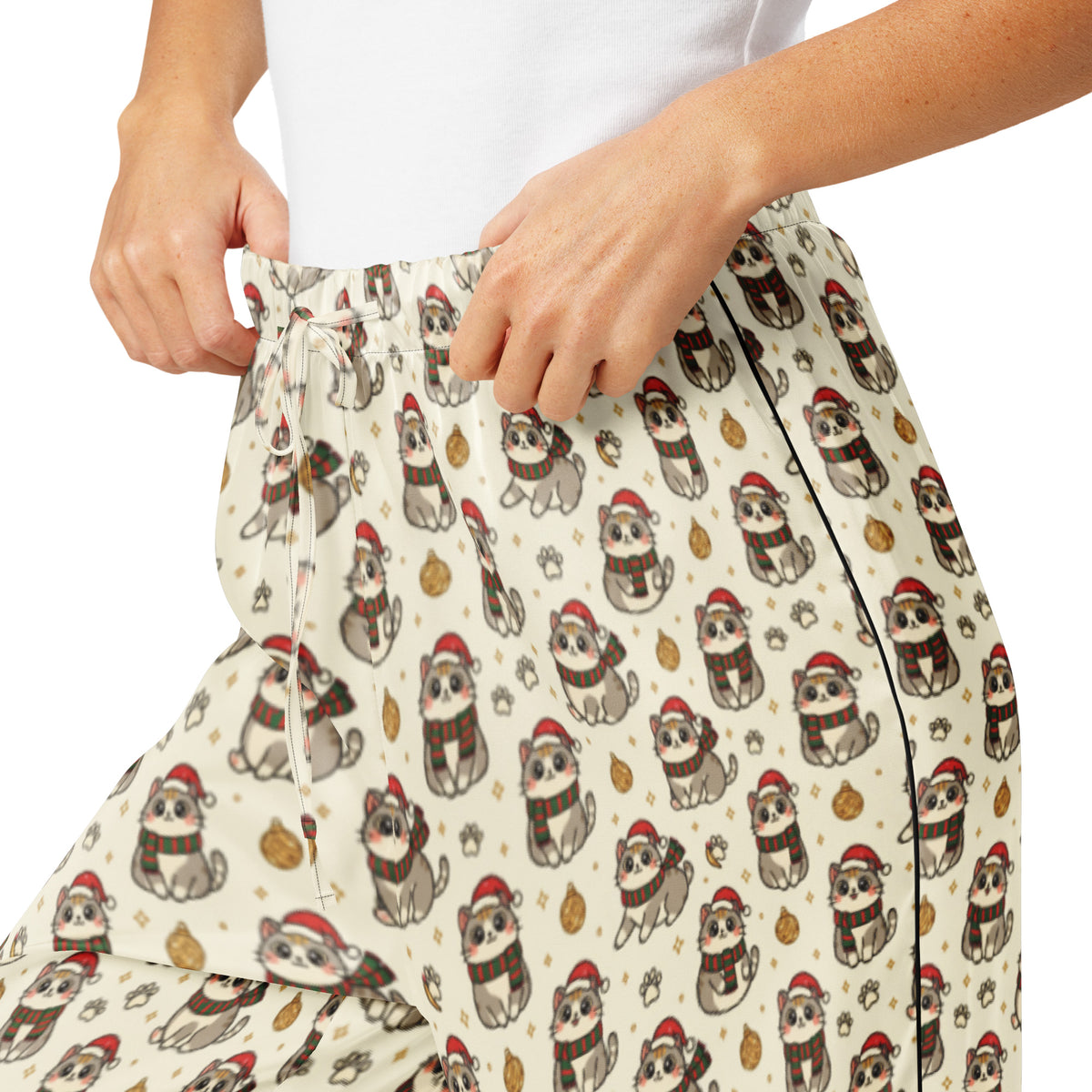 Back/detail view of Kawaii Christmas Cats – Women’s Pajama Pants (Straight-Leg pajama apparel