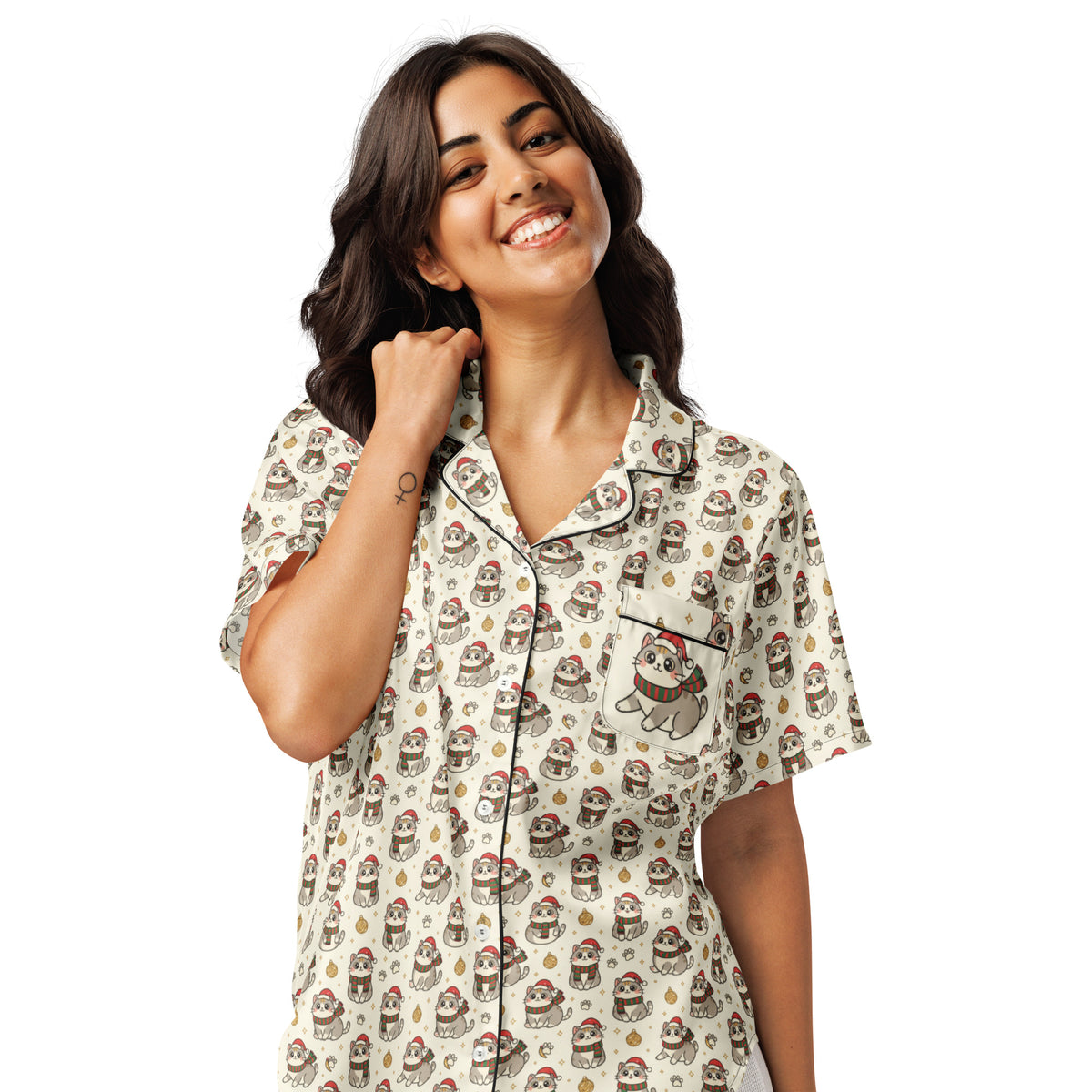 Back/detail view of Kawaii Christmas Cats – Women’s Short-Sleeve Pajama Top (Silky Satin) pajama apparel
