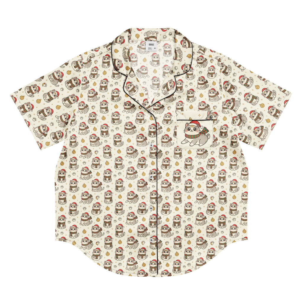 Back/detail view of Kawaii Christmas Cats – Women’s Short-Sleeve Pajama Top (Silky Satin) pajama apparel