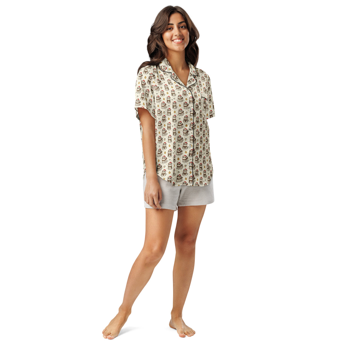 Back/detail view of Kawaii Christmas Cats – Women’s Short-Sleeve Pajama Top (Silky Satin) pajama apparel