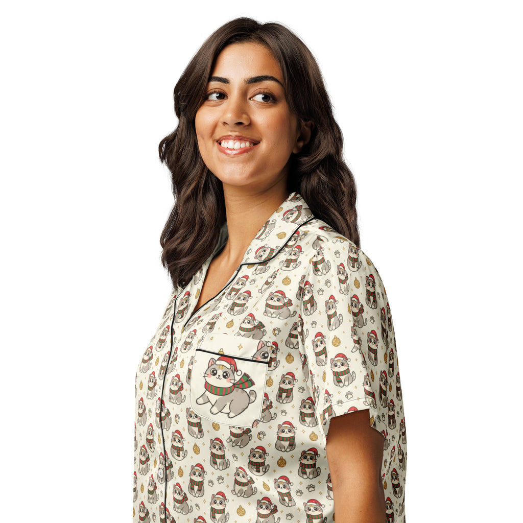 Back/detail view of Kawaii Christmas Cats – Women’s Short-Sleeve Pajama Top (Silky Satin) pajama apparel