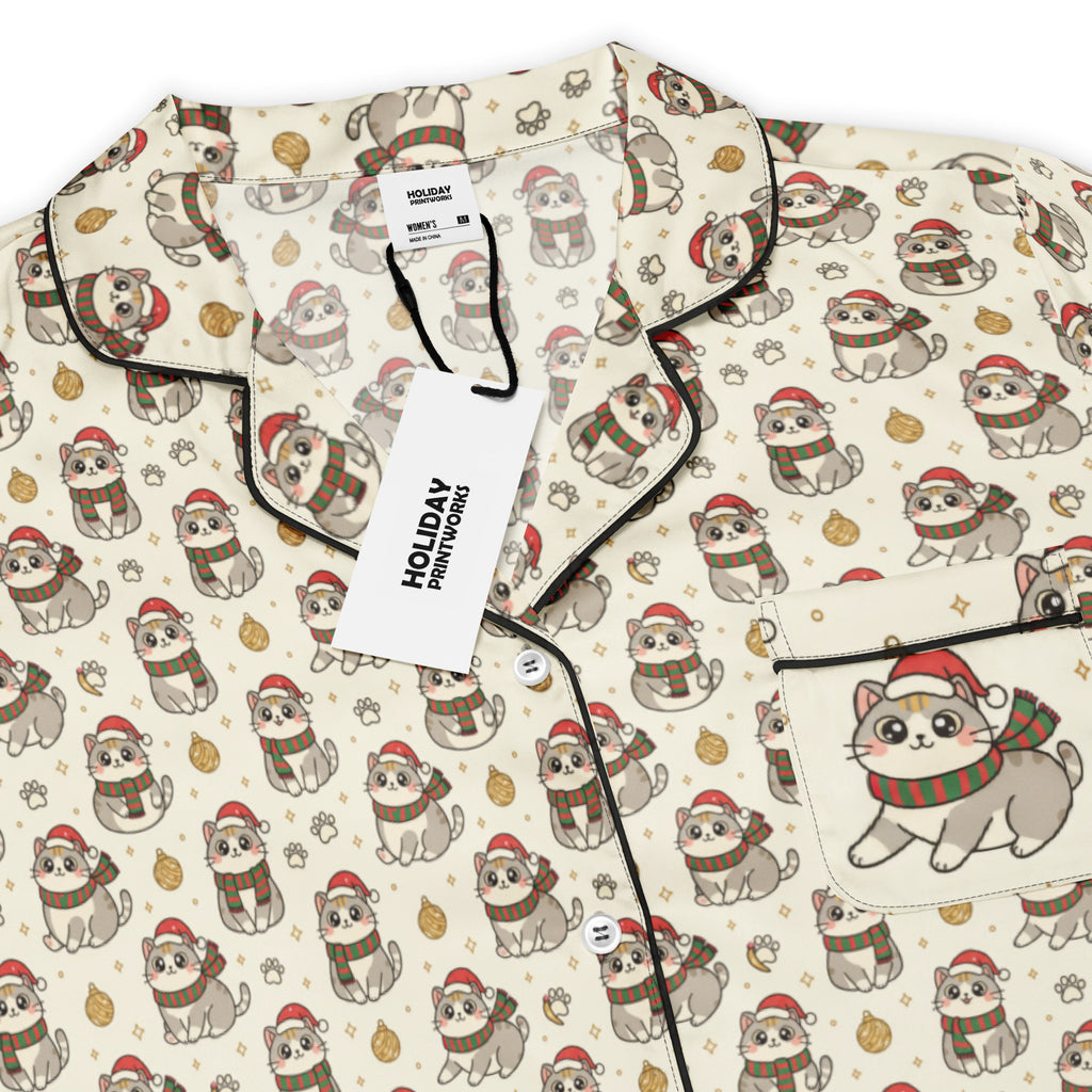 Back/detail view of Kawaii Christmas Cats – Women’s Short-Sleeve Pajama Top (Silky Satin) pajama apparel