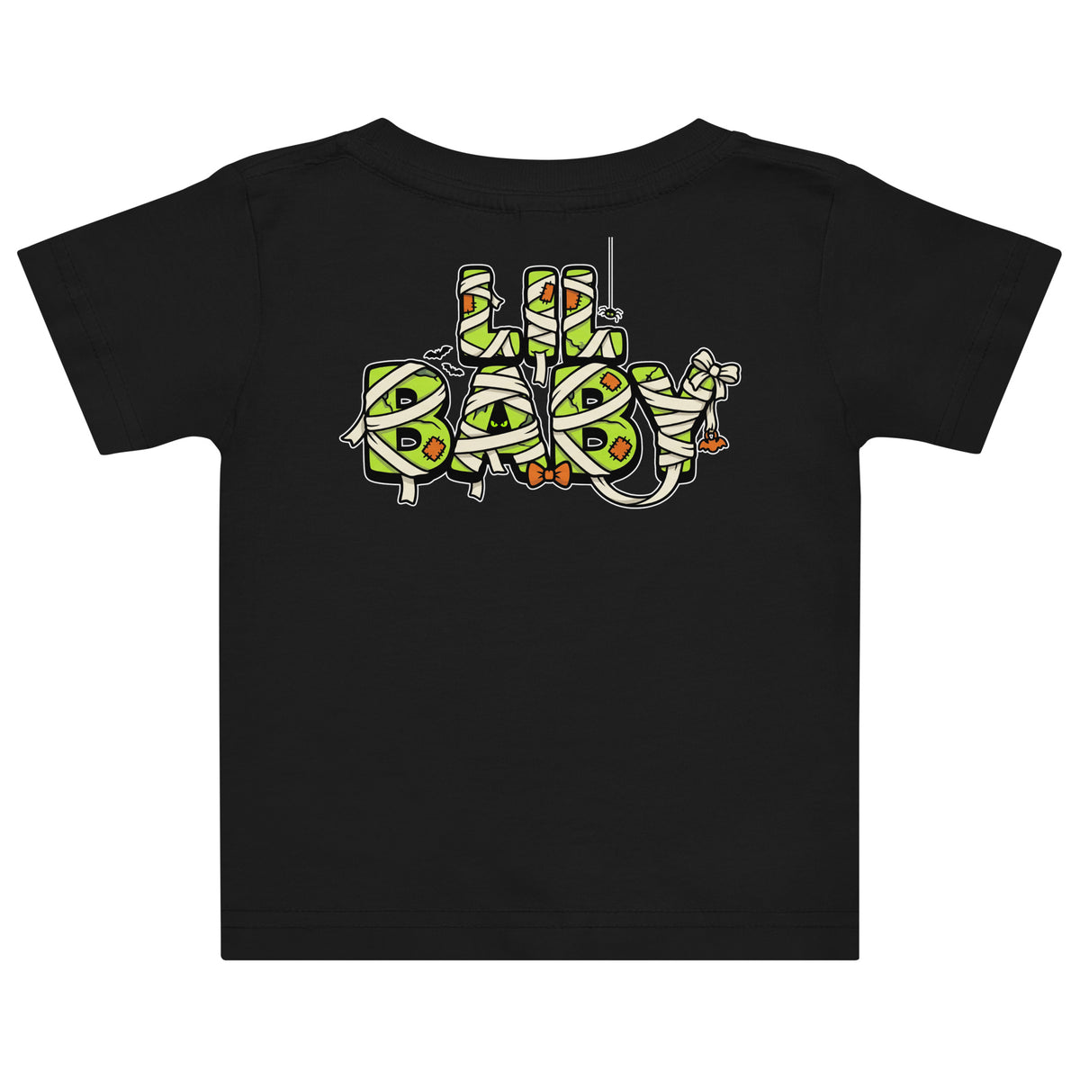 Haunted House Staff Lil Baby “Mini Monster Mascot” Baby Jersey T-Shirt with Mini Monster Mascot front design and matching LIL BABY back graphic for Halloween family outfits