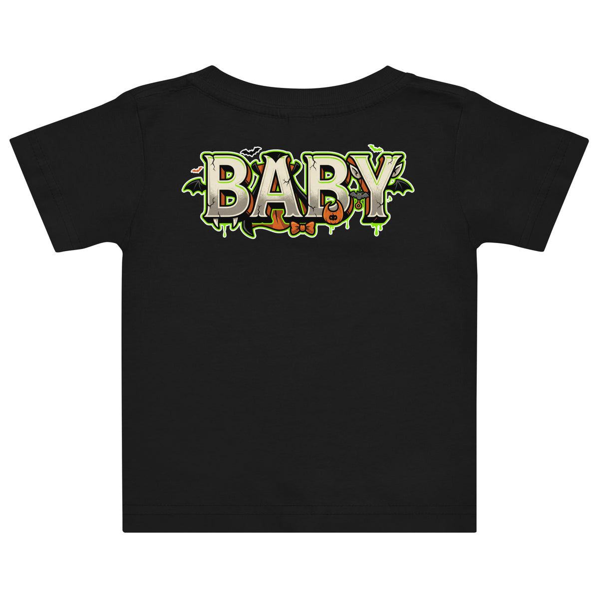 Haunted House Staff Baby “Tiny Terror in Training” Baby Jersey T-Shirt with Tiny Terror in Training front design and matching BABY back graphic for Halloween family outfits