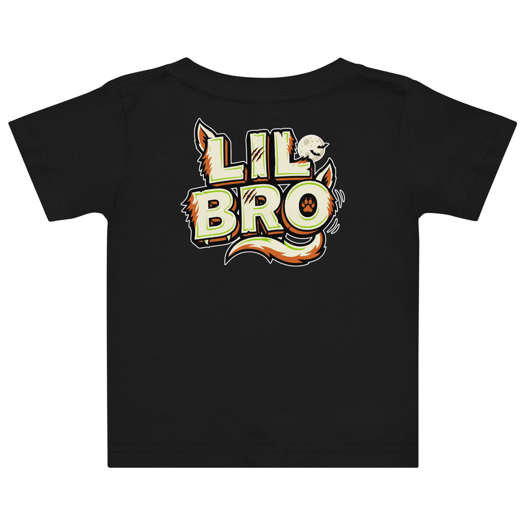 Haunted House Staff Lil Bro “Doorbell Boo Crew” Baby Jersey T-Shirt with Doorbell Boo Crew front design and matching LIL BRO back graphic for Halloween family outfits