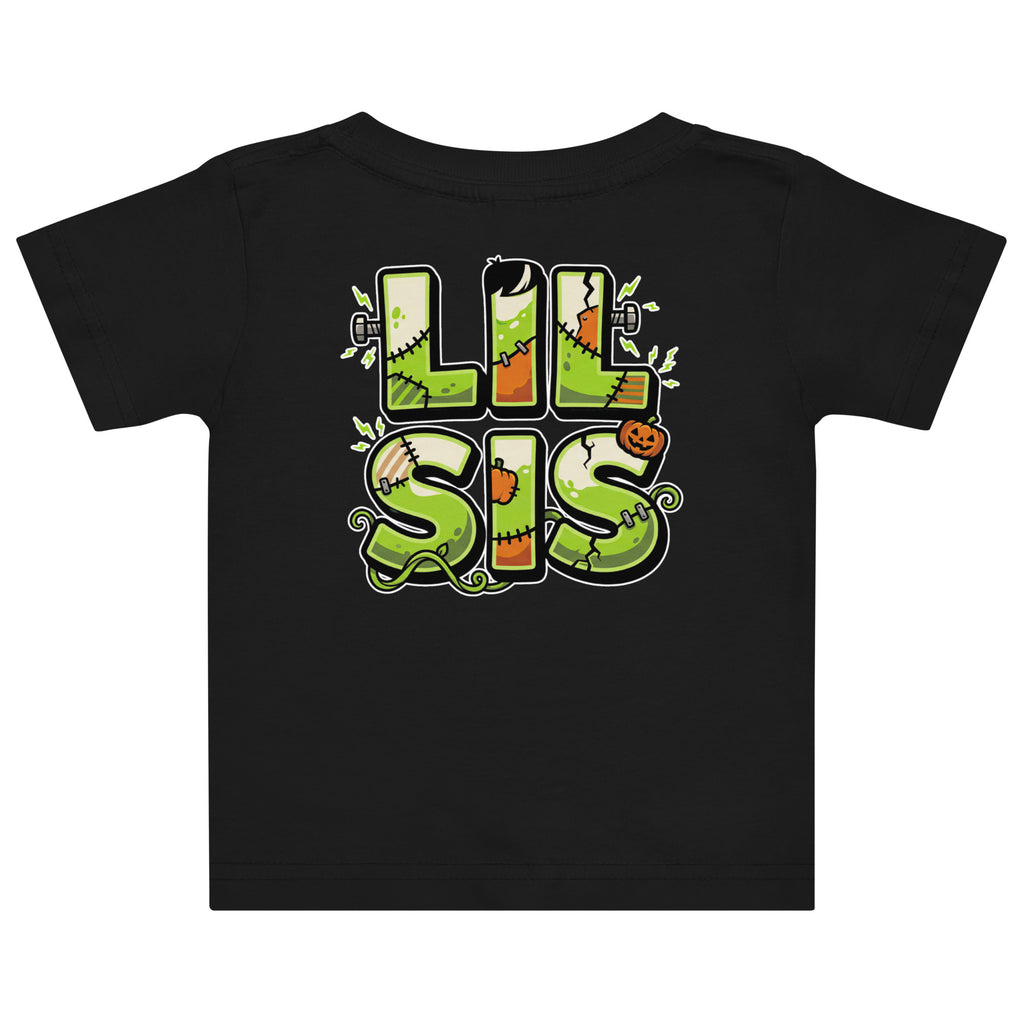 Haunted House Staff Lil Sis “Pumpkin Patch Patrol” Baby Jersey T-Shirt with Pumpkin Patch Patrol front design and matching LIL SIS back graphic for Halloween family outfits
