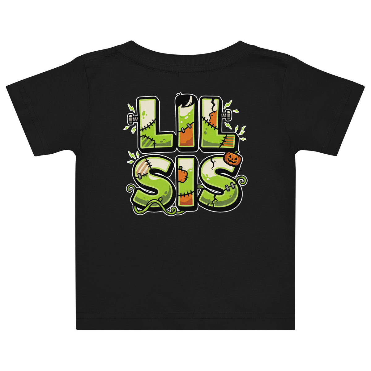 Haunted House Staff Lil Sis “Pumpkin Patch Patrol” Baby Jersey T-Shirt with Pumpkin Patch Patrol front design and matching LIL SIS back graphic for Halloween family outfits