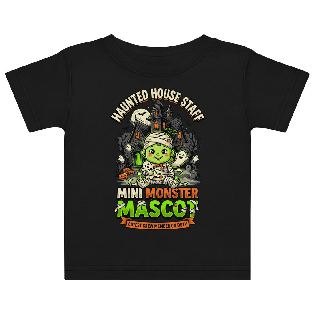 Haunted House Staff Lil Baby “Mini Monster Mascot” Baby Jersey T-Shirt with Mini Monster Mascot front design and matching LIL BABY back graphic for Halloween family outfits